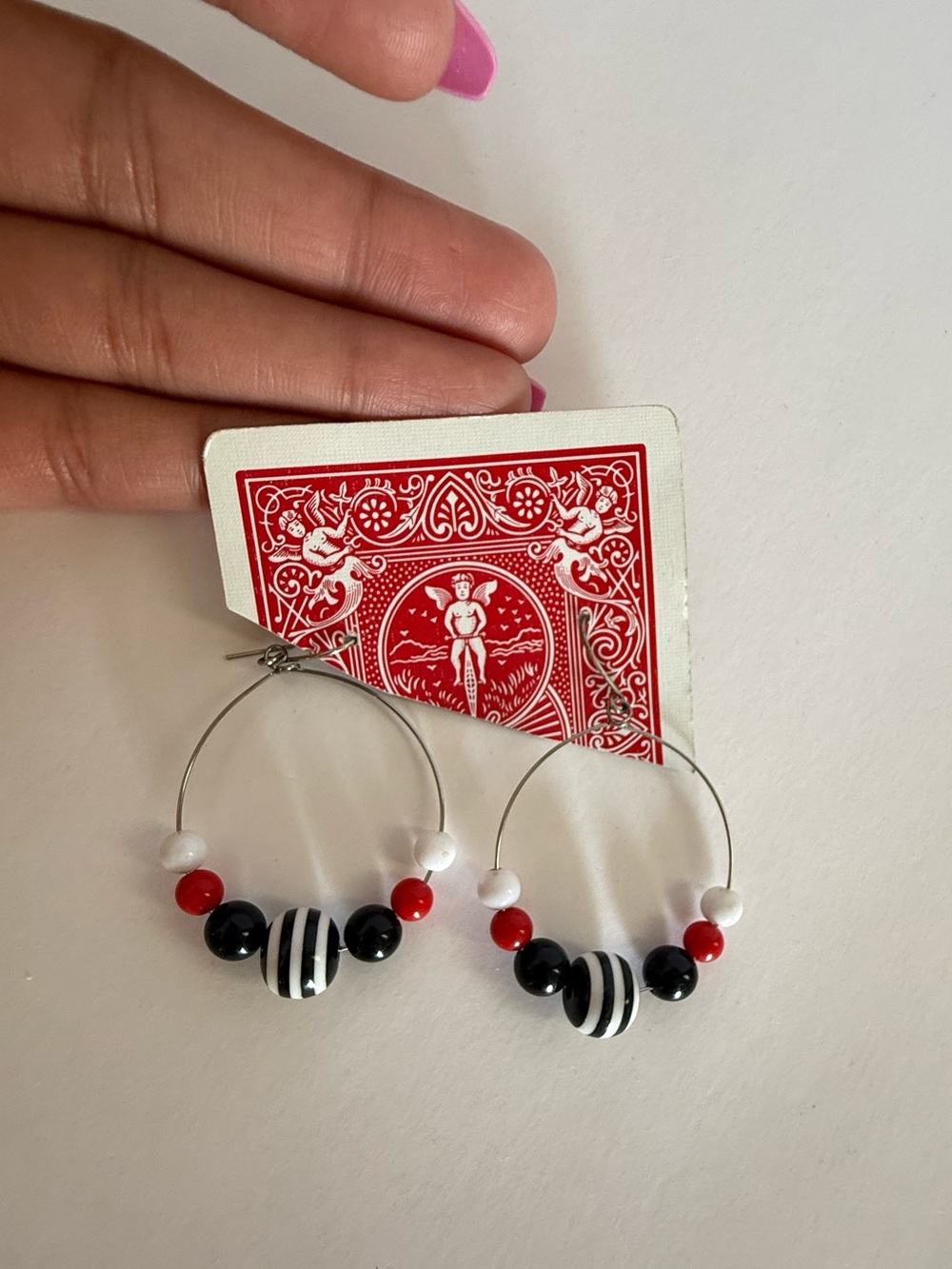 Handmade Black White and Red Beaded Hoop Earrings